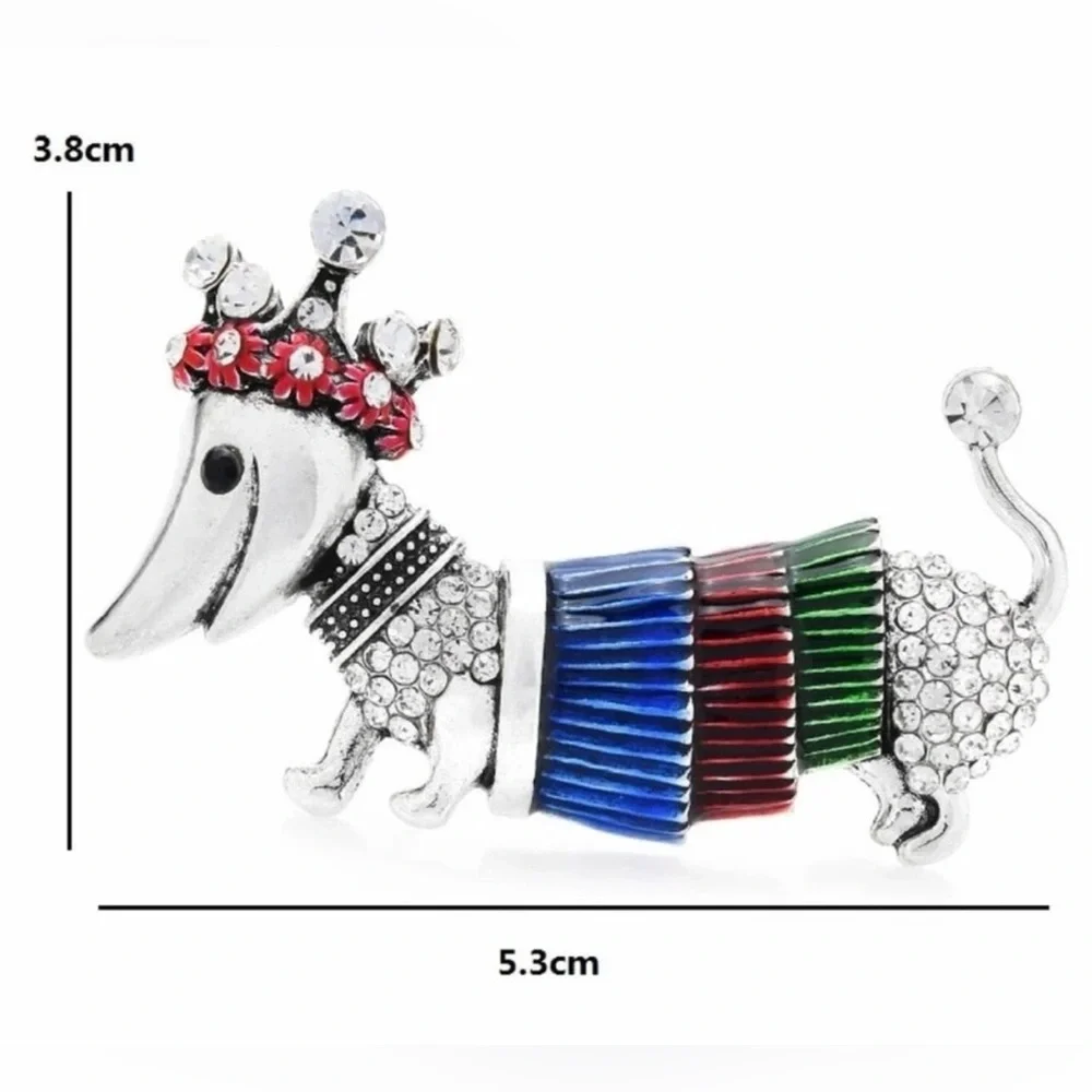 Crystal Dachshund Brooch with Red Crown and Multicolor Enamel